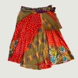 Adjustable Reversible Sari Wrap Skirt OS Boho Silk Blend Floral Multi Color
